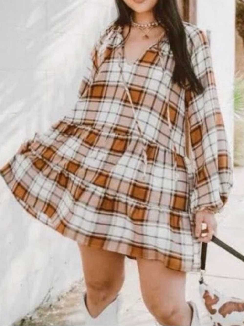 Show Me Your MuMu Brown & White Plaid Tiered Long-Sleeve Tunic